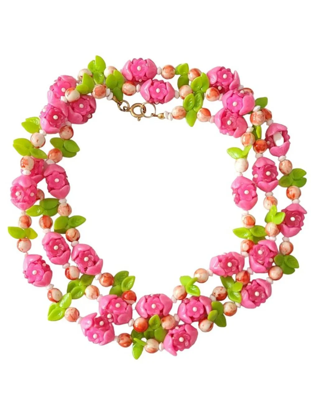 Pink Plastic Cap Flowers, Leaf Bead Necklace, 50” Long E300